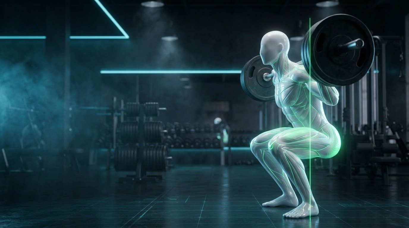 Form Lab mannequin at the bottom of a squat with a balanced bar path